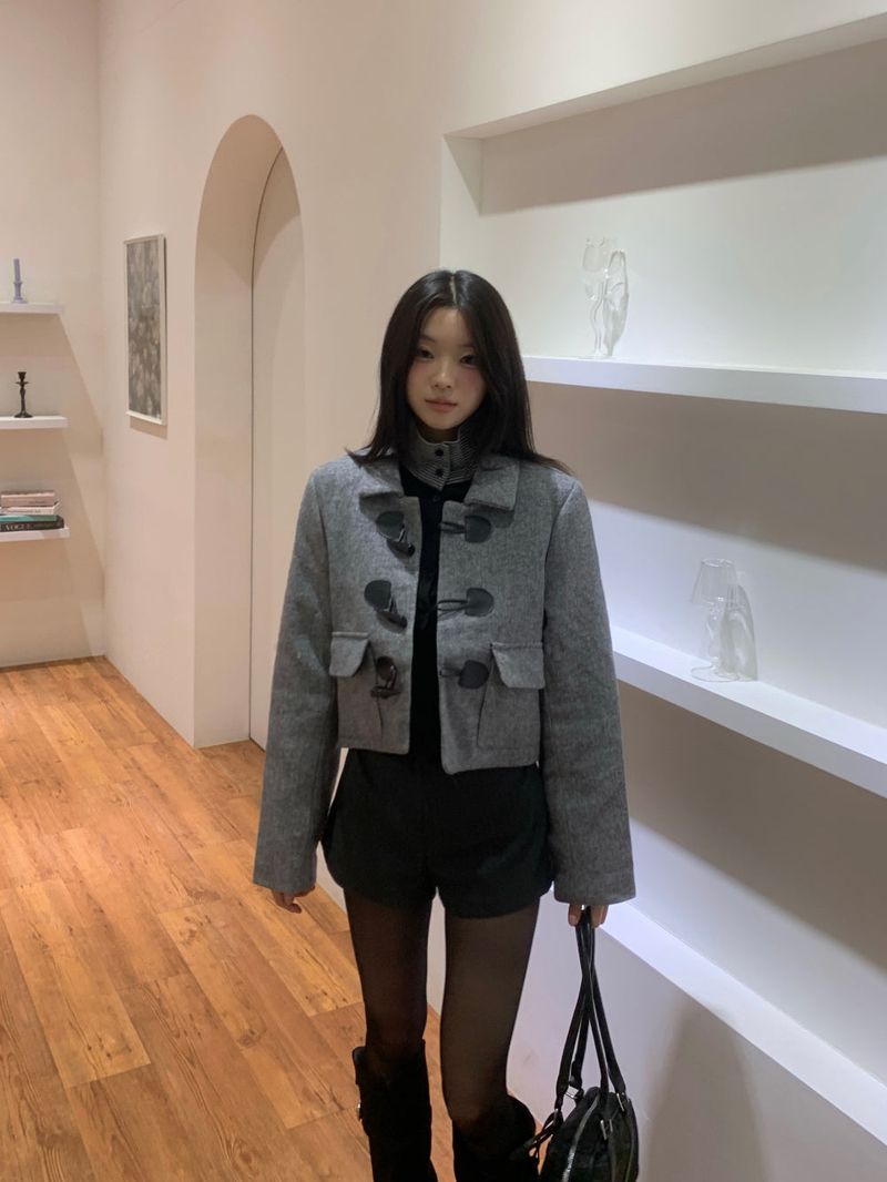 British Gray Duffel Button Quilted Crop Coat
