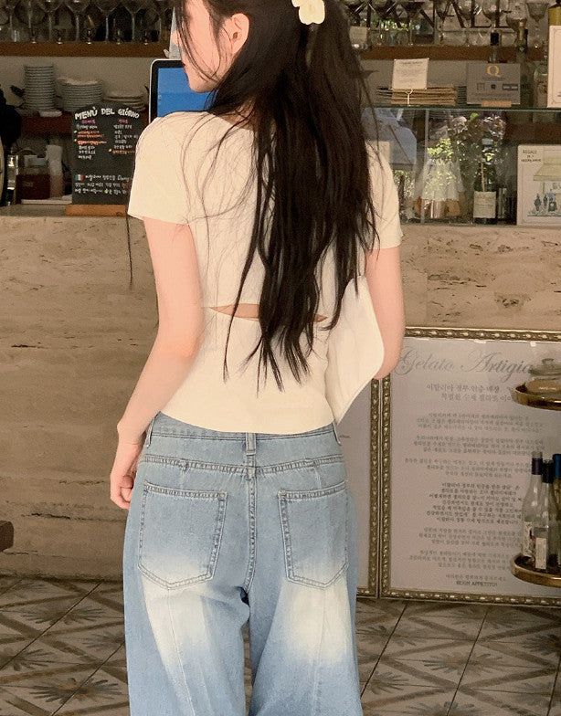 #Back Slit Square Short Sleeve Knit + Scrunchie Set (5color)