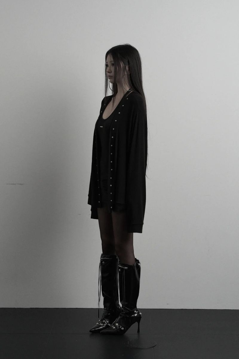 [label] wool rivet overfit open cardigan (black)