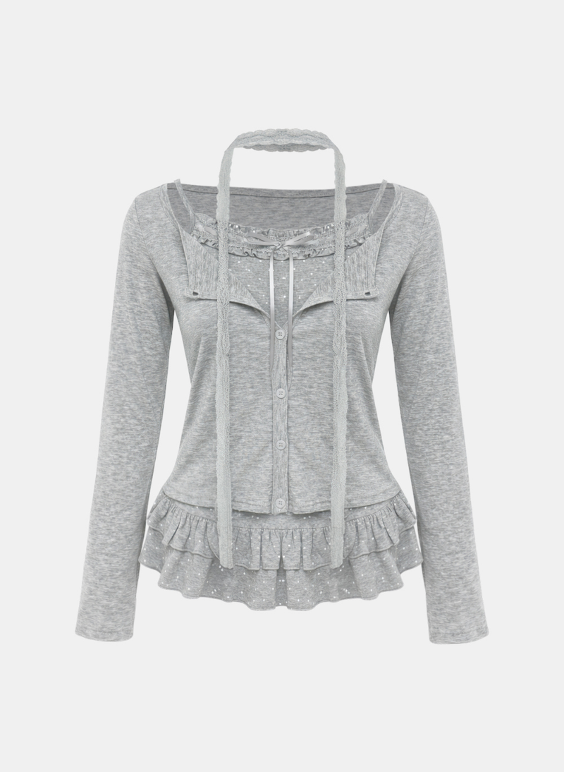 Miel Dot Frill Cardigan Set