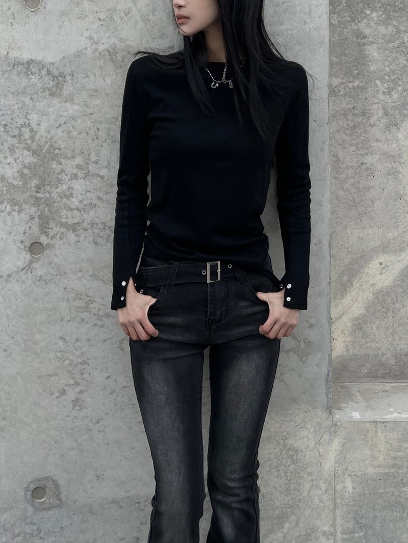 Eyelet buckle bottom hem strap long sleeve tee (3 colors)