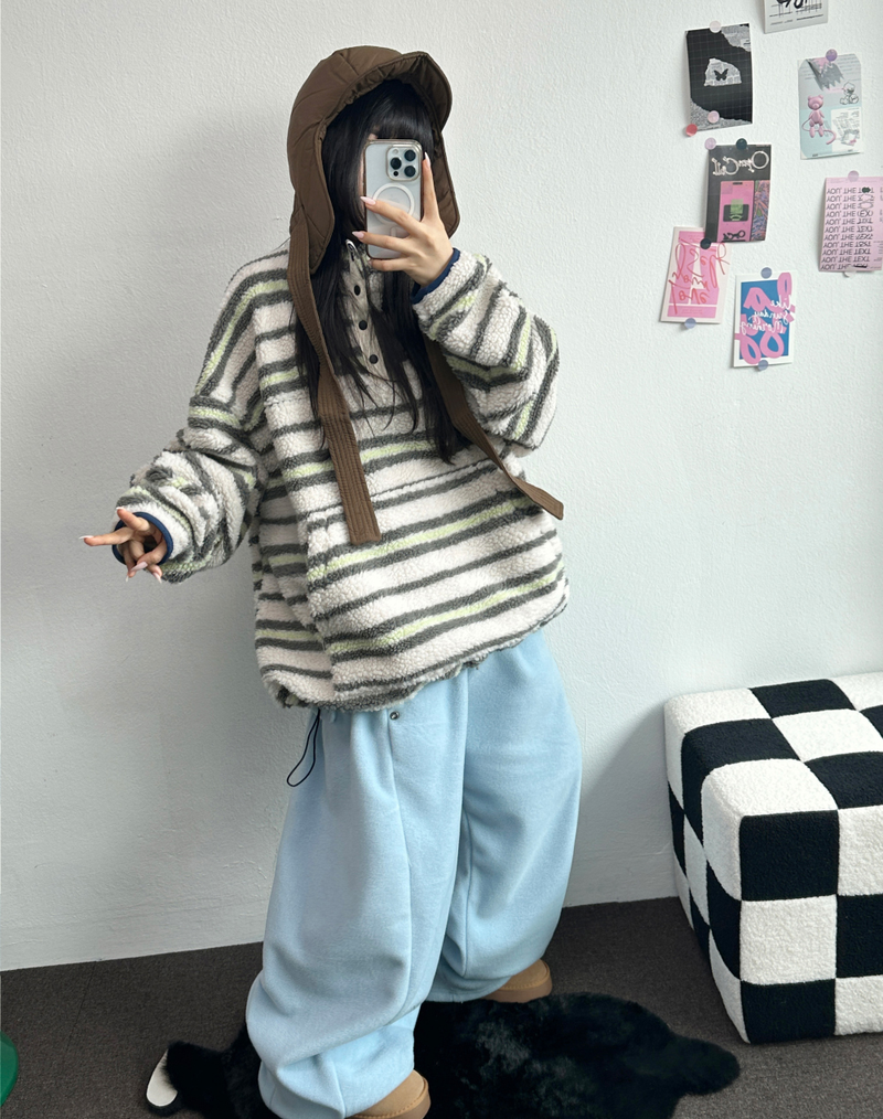 BOTH-SIDES FLEECE SNAP LONG PANTS 🧸🩵🤍6COLOR