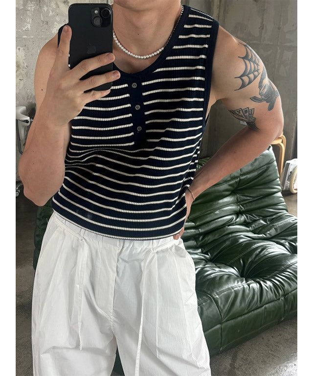 [S/S] Stripe henry neck sleeveless(3color)