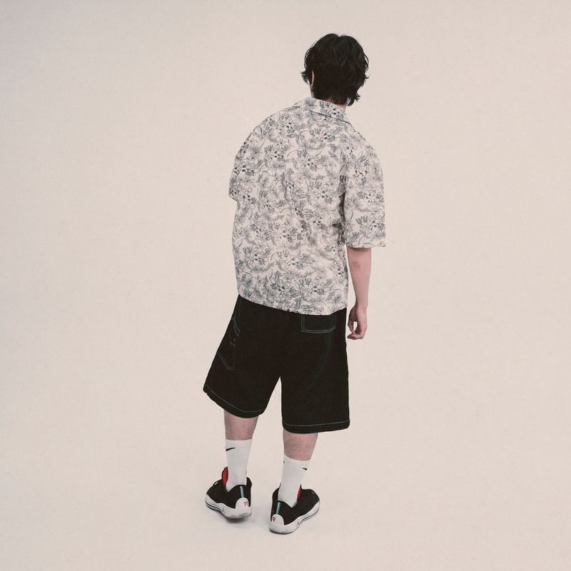 botanical drawing open collar shirt_ivory