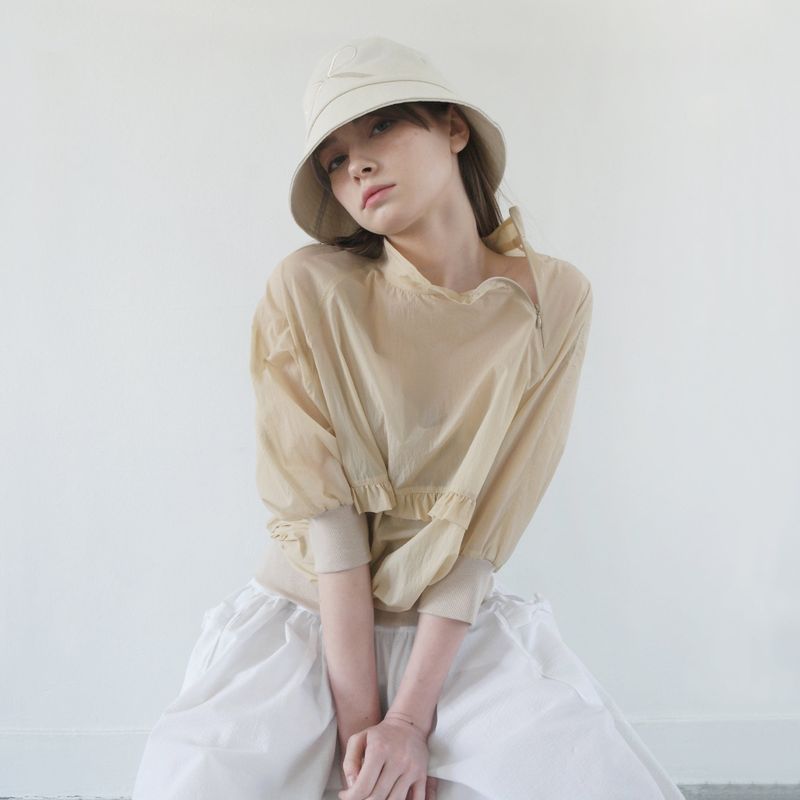 Beige Nylon Ruffle Blouse