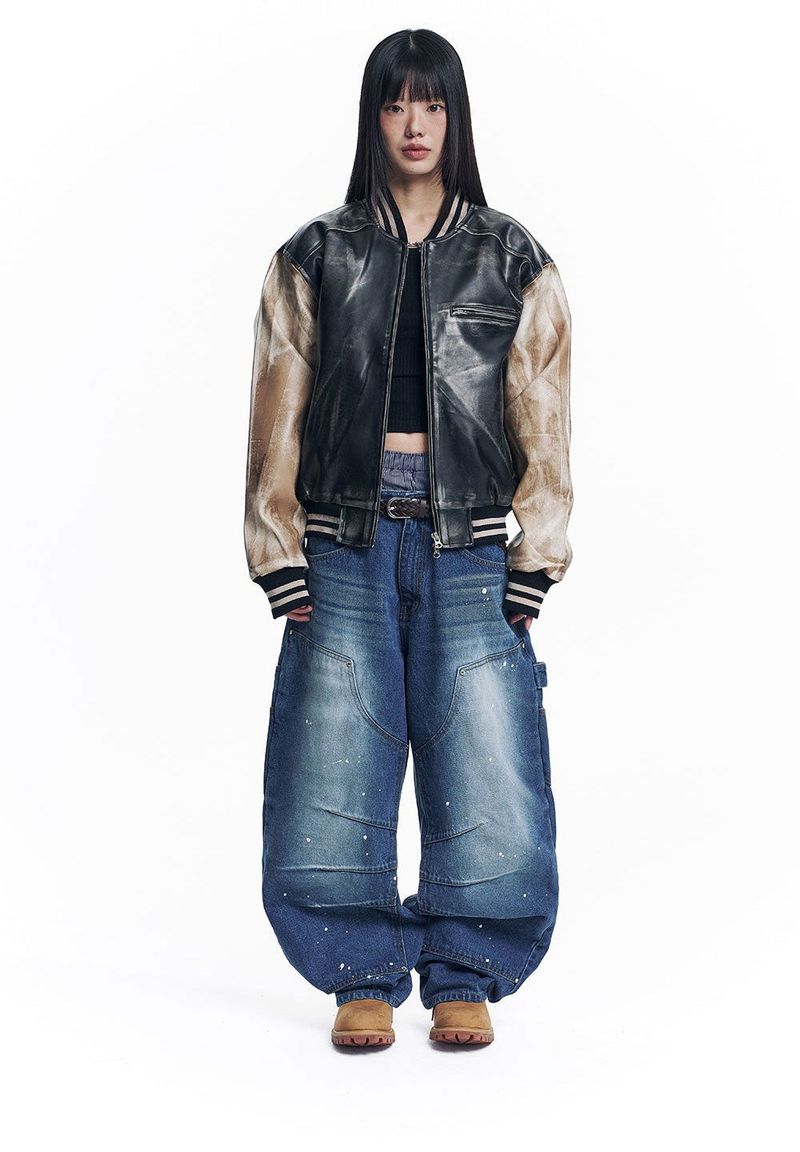 Dirty Washed Leather Varsity Jacket - Black