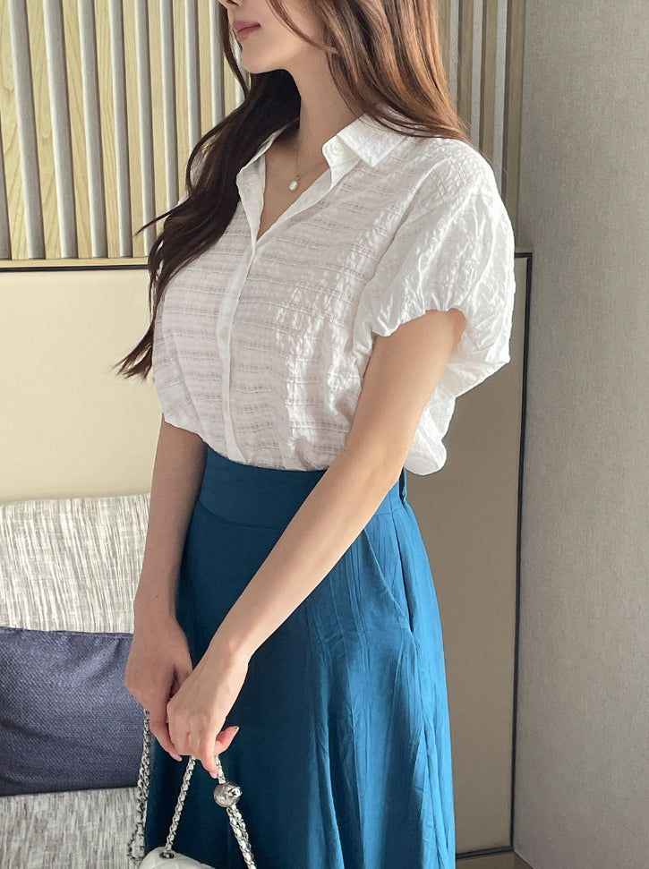 Kusha Collar Balloon Sleeves Seersucker Blouse