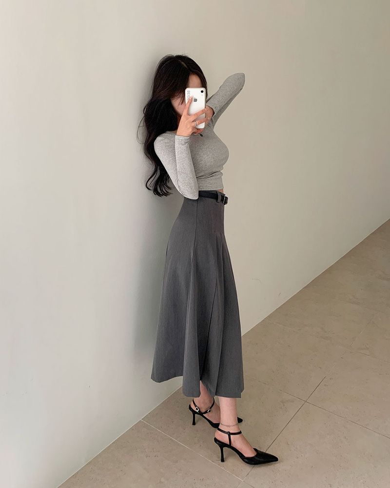 [Belt set/Recommended!] Rose Pleated Long Skirt