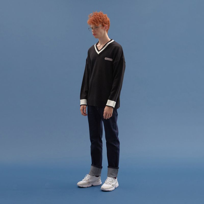 BASIC V NECK  KNIT SWEATER_BLACK