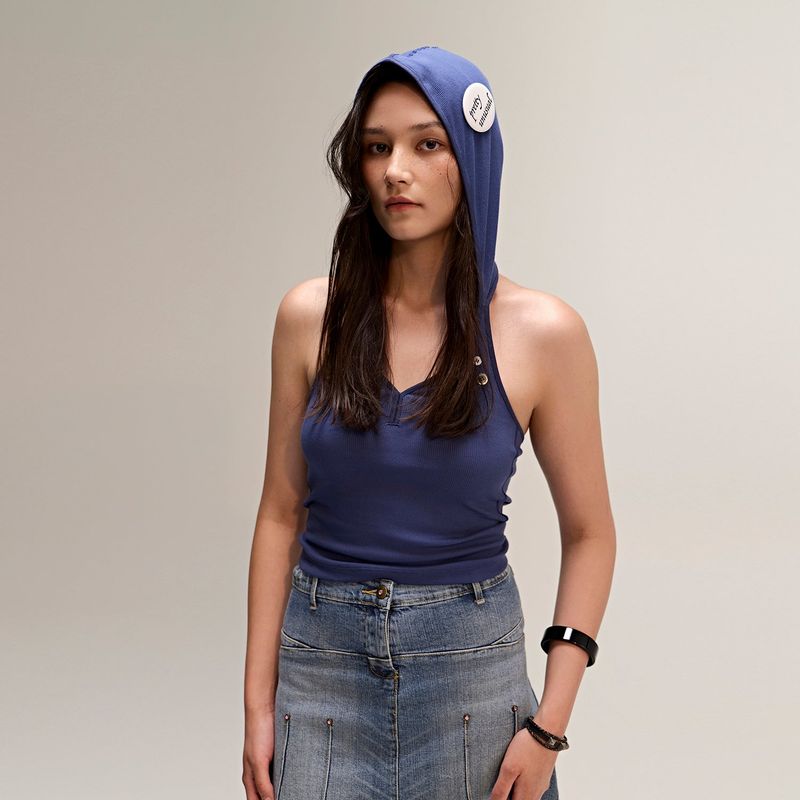 Button Hood Halterneck Top Navy