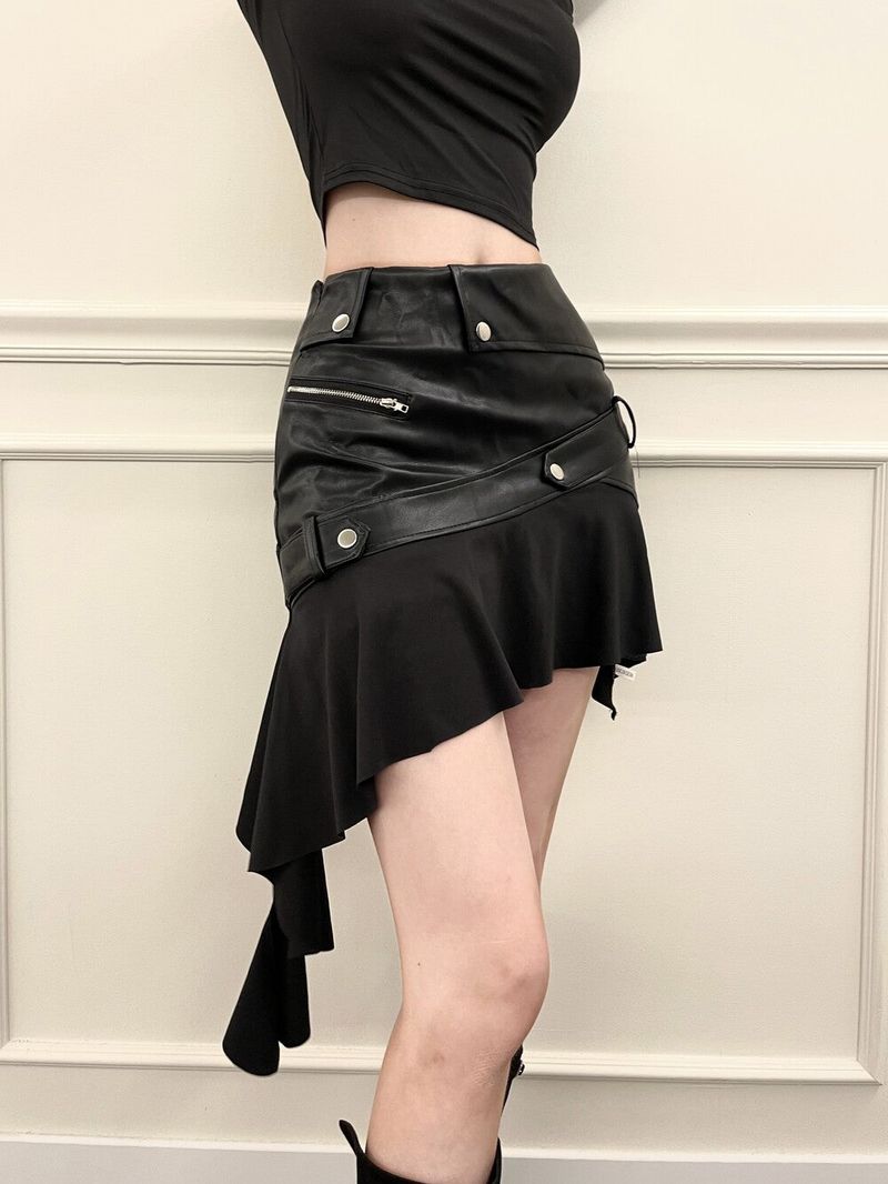 1402. Unbal leather zipper mini sk