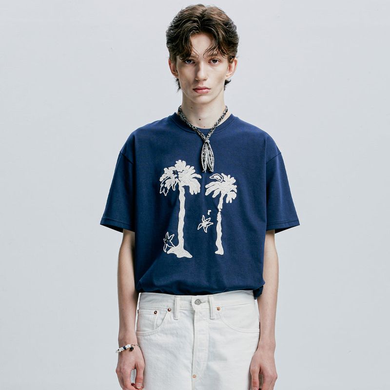 palm tree & eyelet chain needlework t-shirt navy