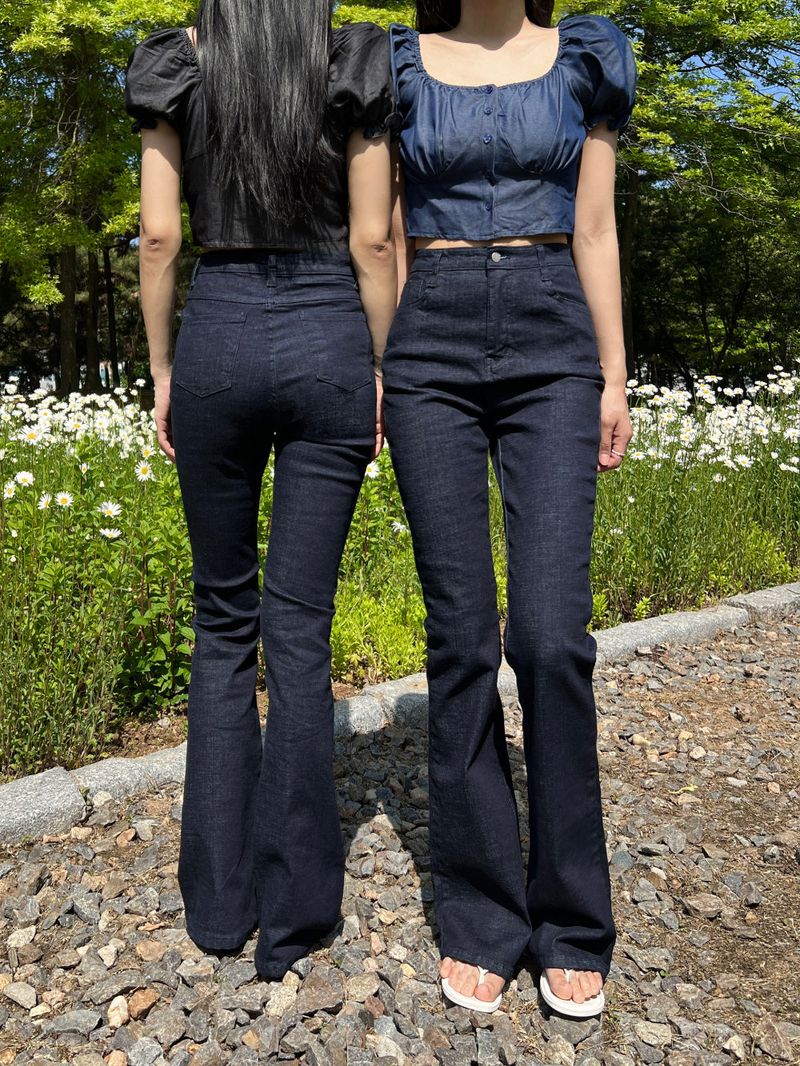 セルベッジデニムスペンデックスハイウエストブーツカットパンツ（デニム）
