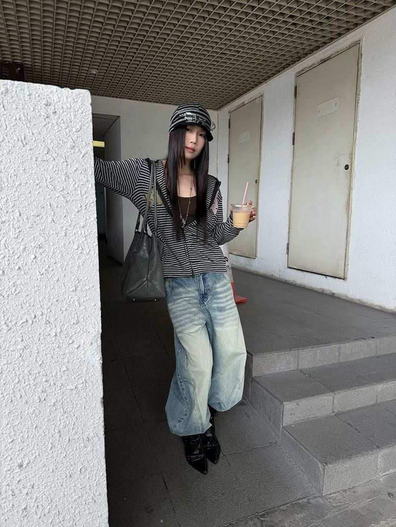 Curved Braided Wide Denim Pants