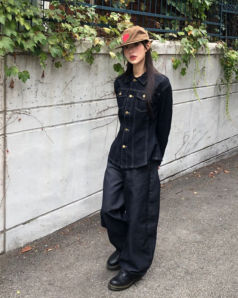 Ushi Line Pocket Denim Washed Long Sleeve Jacket