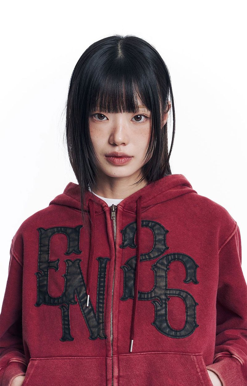 Washed Leather Patch Hooded Zip-Up - Wine