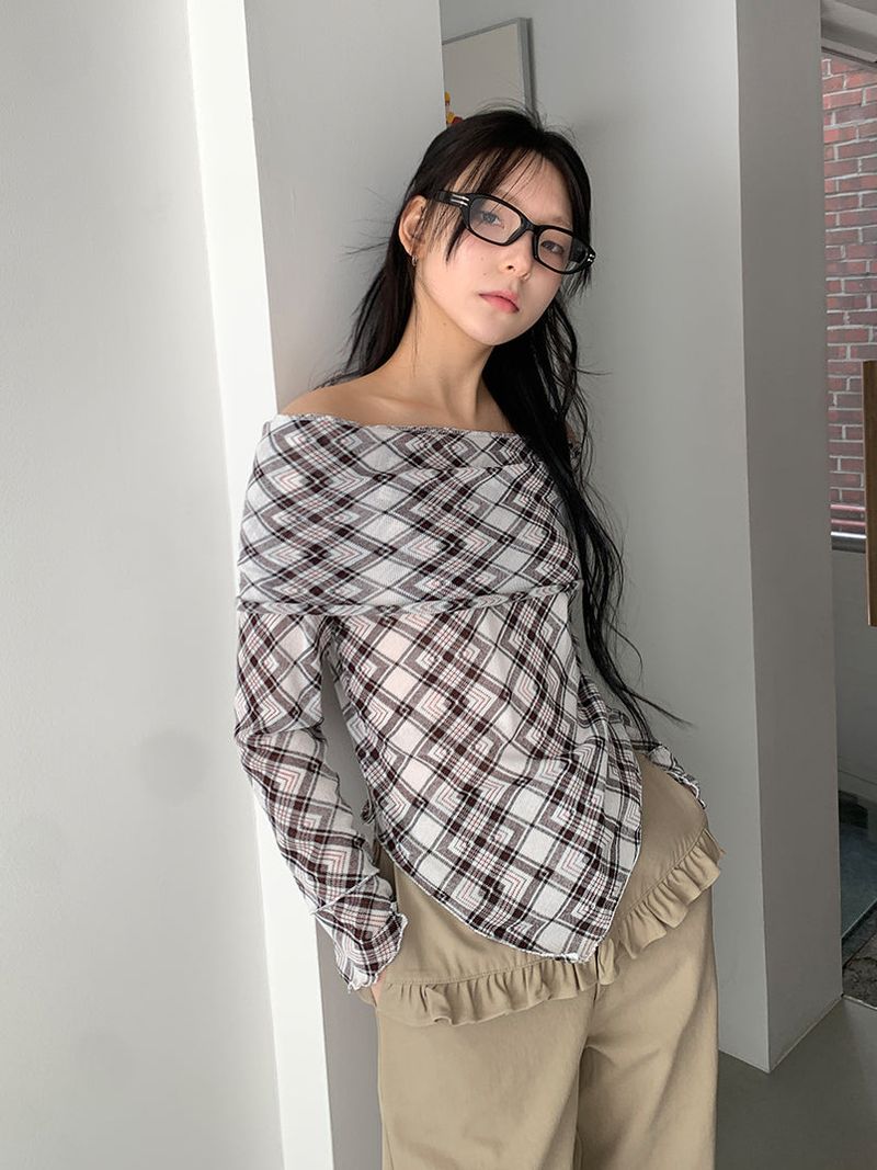 JAZZ THE ORDER(ジャズ ザ オーダー)の「ARGYLE OFF SHOULDER LONG SLEEVE (2C)(Tops)」