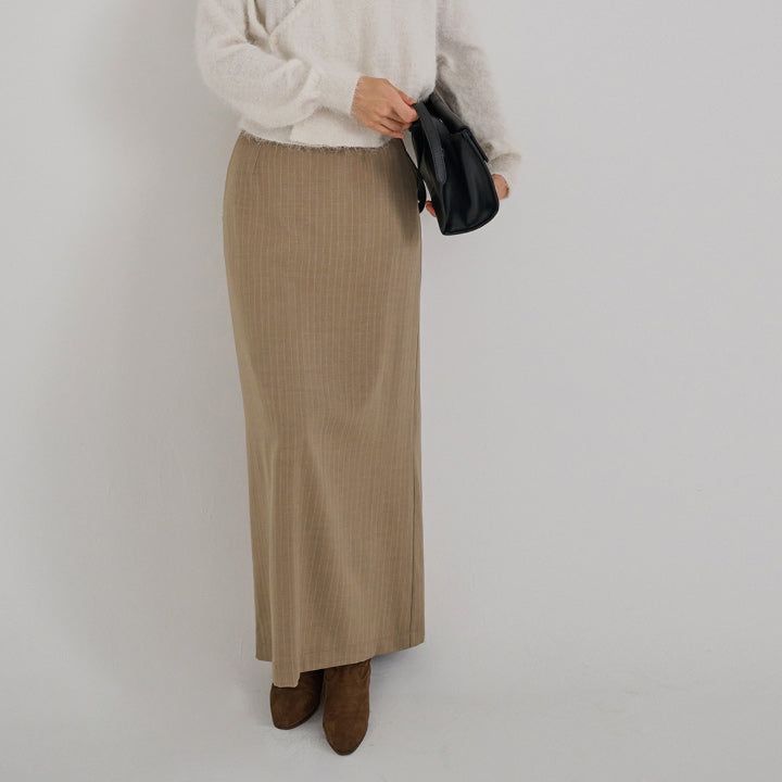 [made/4size] [Soan] Rivet Pintuck Stripe H-Line Slit Long Skirt -3color