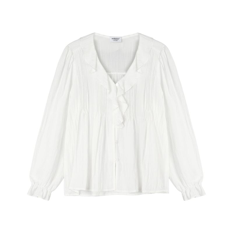 FRILL NECK PINTUCK BLOUSE (WHITE)