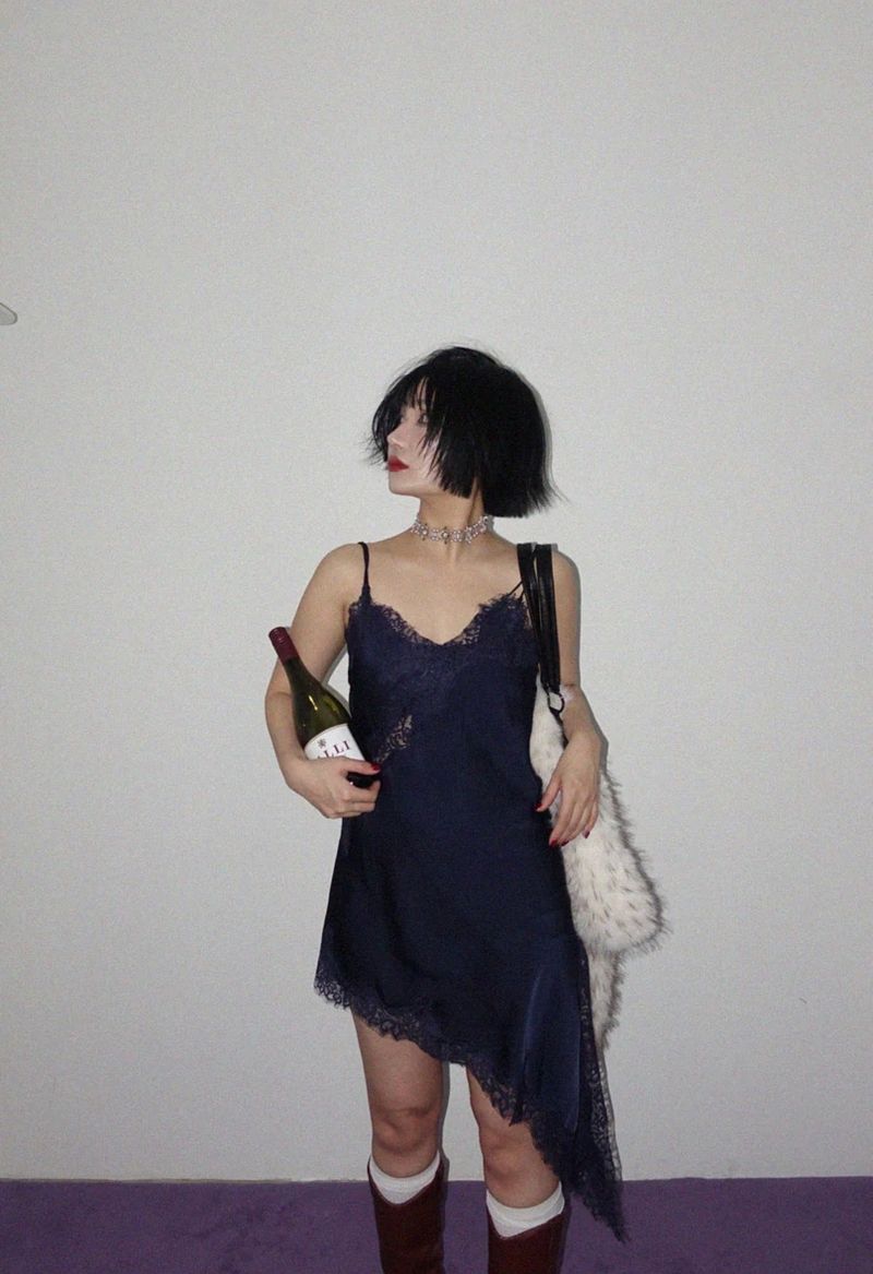 LACE SATIN UNBALANCE SLIP MINI DRESS (NAVY)