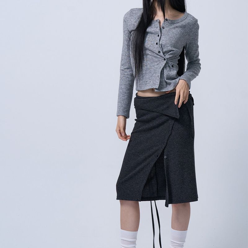 LAYERABLE BUTTON WRAP SKIRT (MELANGE CHARCOAL)