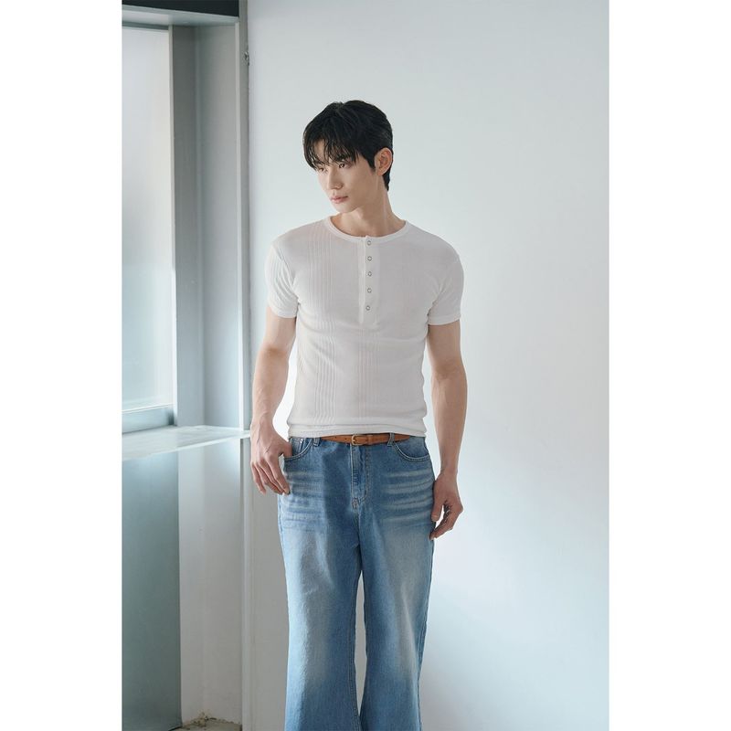 High ribbed henry neck half sleeves(Ivory)