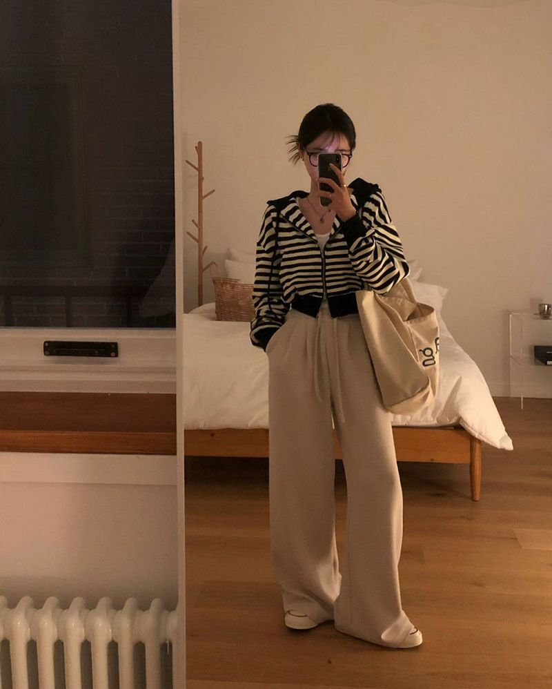 [BELLIDE MADE] Waffle stripe zip-up hoodie