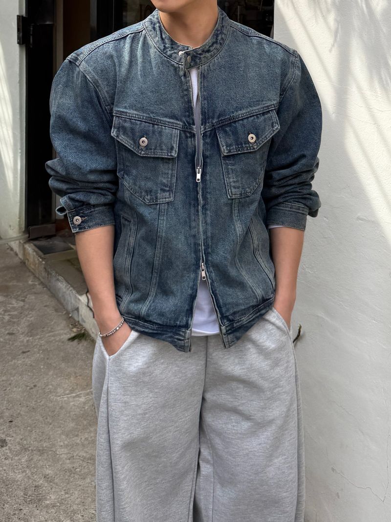 With denim biker jacket