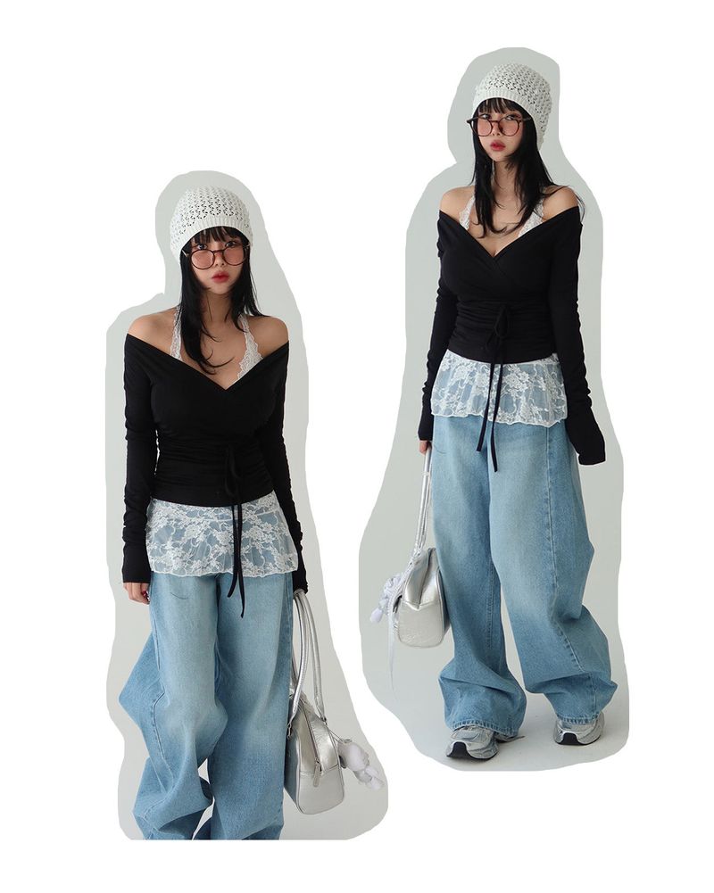 Delight-J(ディライトジェイ)の「Deep V-neck Off-Shoulder Wrapped Shirring T-shirt(Tops)」