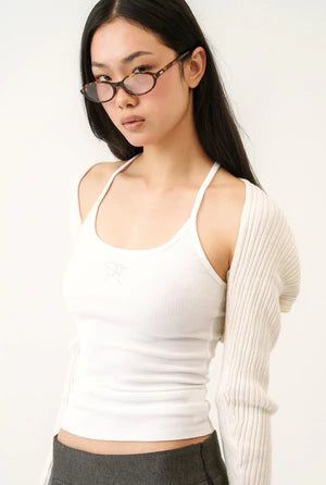 threetimes（スリータイムズ）の「【即日発送】Jewel cross back tank top - white  （Tops）」