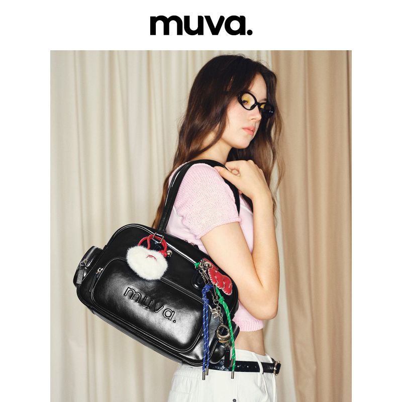 muva. Oil‑Wax Leather Retro Bowling Bag, Autumn Large‑Capacity Multi‑Pocket Genuine‑Leather Shoulder Bag for Women, New Arrival Sep 3
