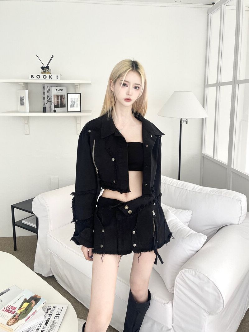 1247. Chic zipper button denim crop jk (2color)