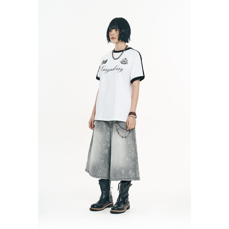 Leopard Bermuda Denim Pants - Grey