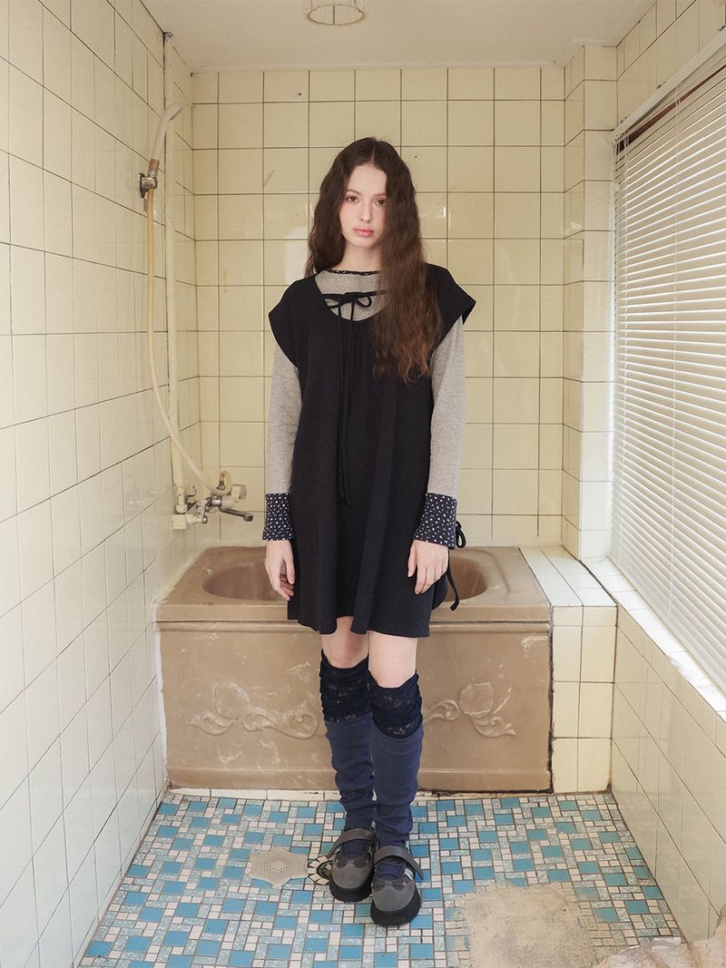 Pintuck waffle flare dress  / navy