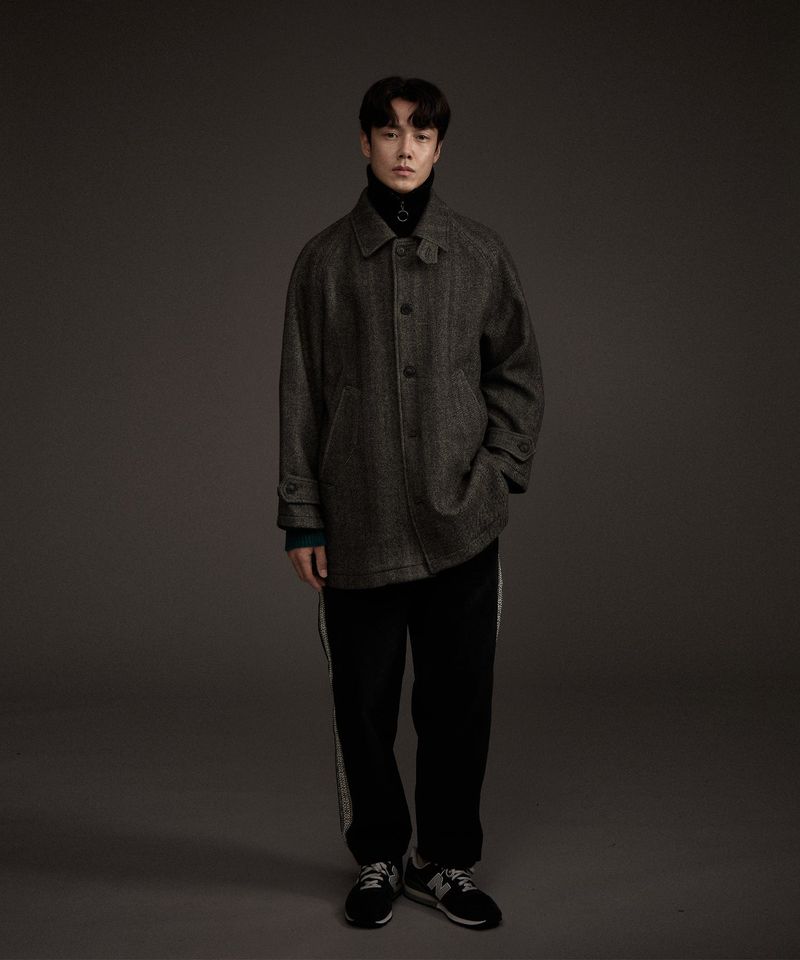 BALMACAAN HERRINGBONE WOOL CASHMERE HALF COAT BLACK