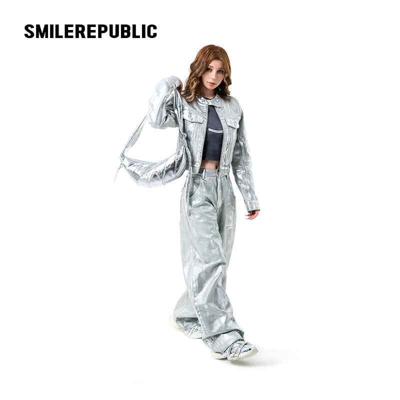 SMILEREPUBLIC（スマイルリパブリック）の「シルバーメタリックコーティングデニムジャケット クロップドスタンドカラージップアップ（ジャケット/アウター）」