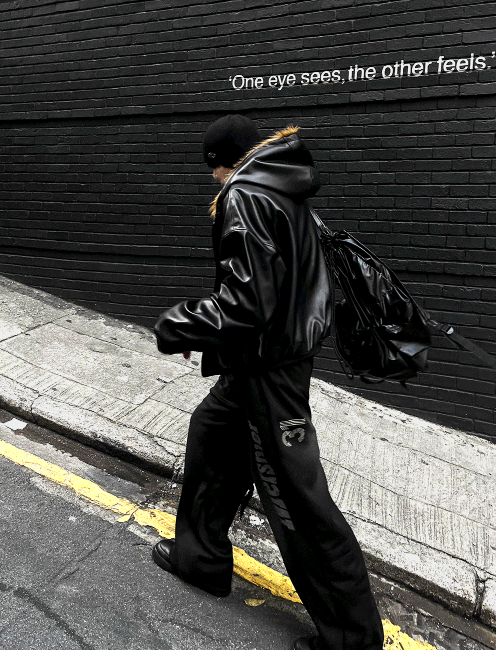 Zeoni fur trim hooded dark black leather jumper