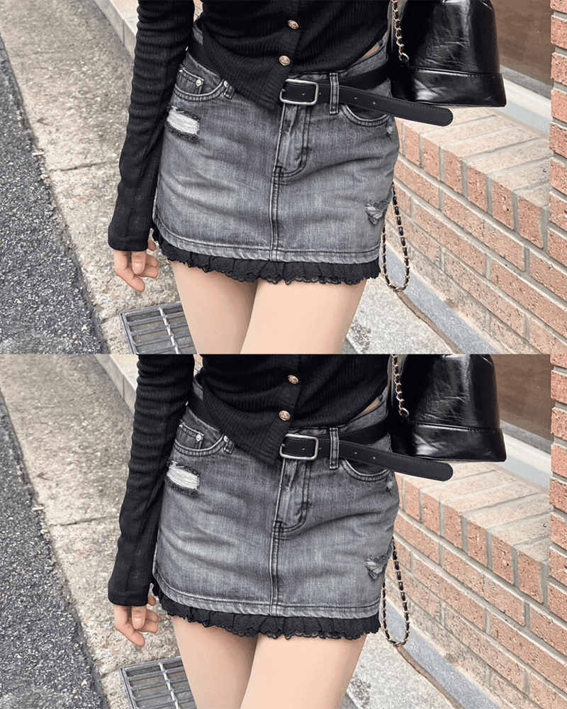 GUSTA（グスタ）の「Ash Sugar Lace Vintage Washing Denim Mini Skirt (2 colors)（Skirts）」