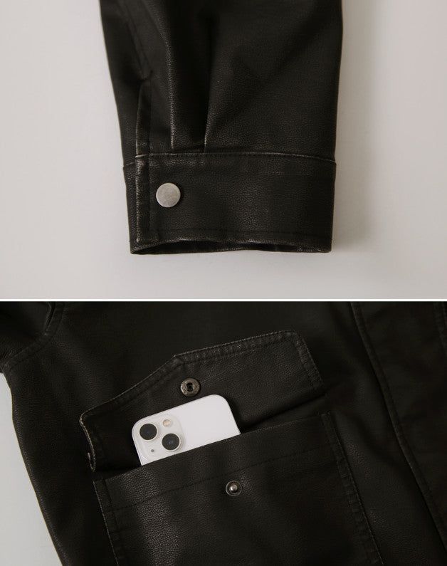 #Big Pocket Collar Loose Leather Jacket