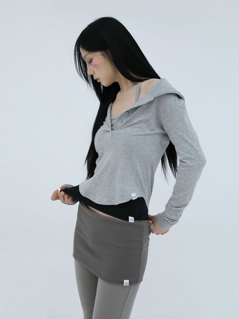 SLIM LONG BUTTON HOODIE TOP(GREY)