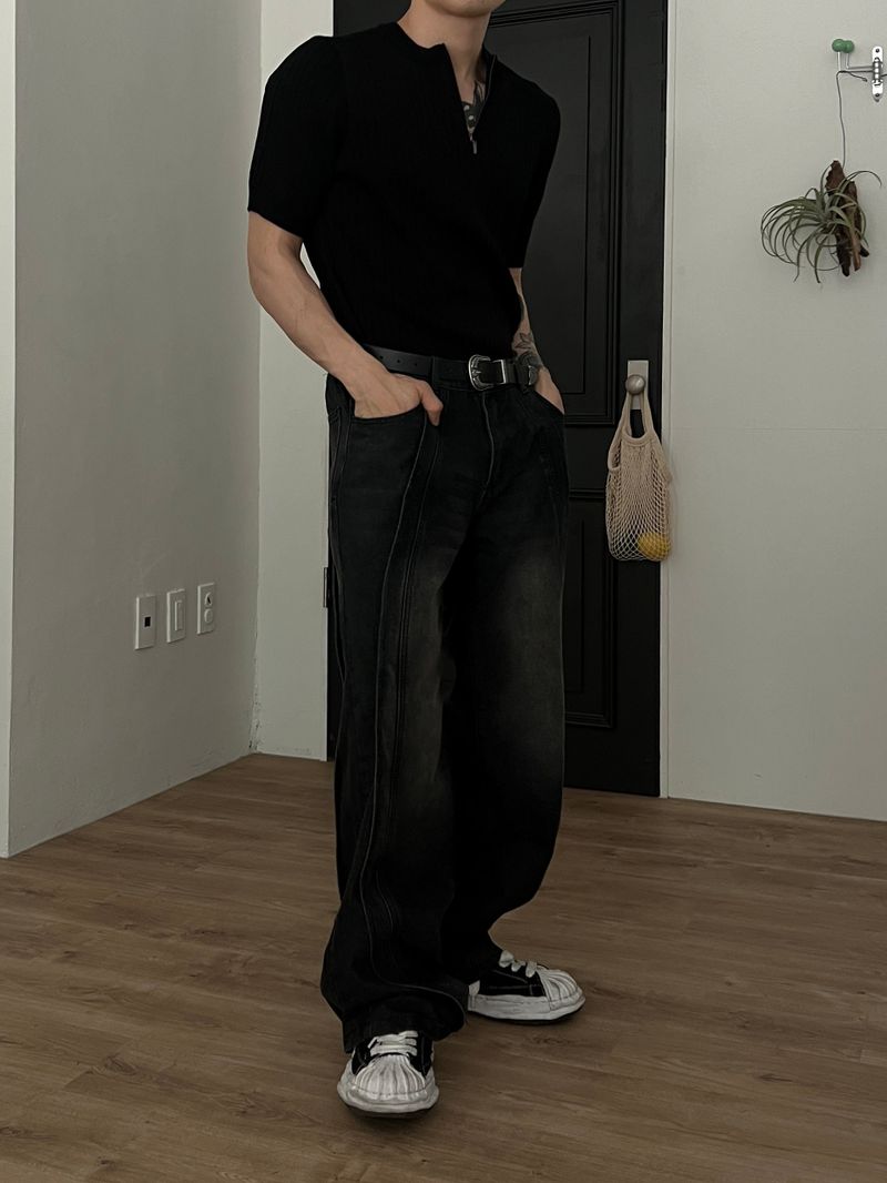 Wave-washed incision wide denim(2colors)