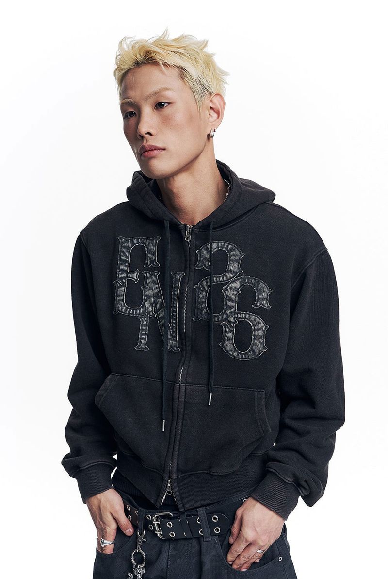 Washed Leather Patch Hooded Zip-Up - Black