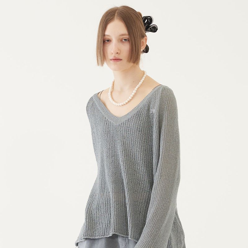 V-NECK KNIT TOP (GRAY)