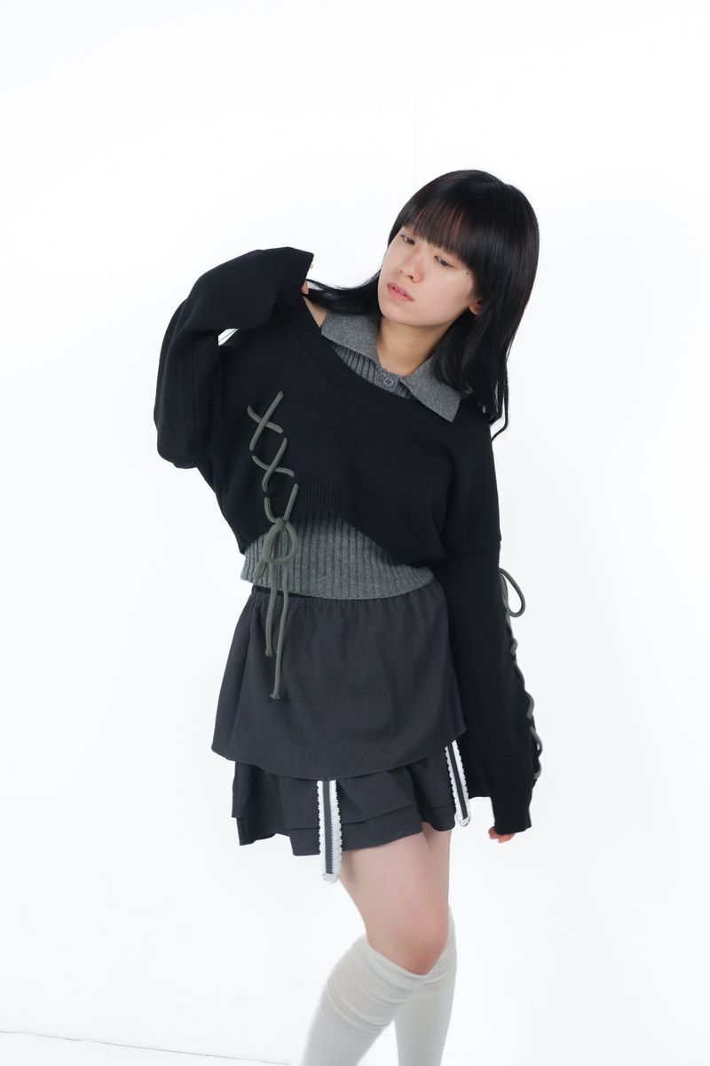 laceup ribbon knitset(black)