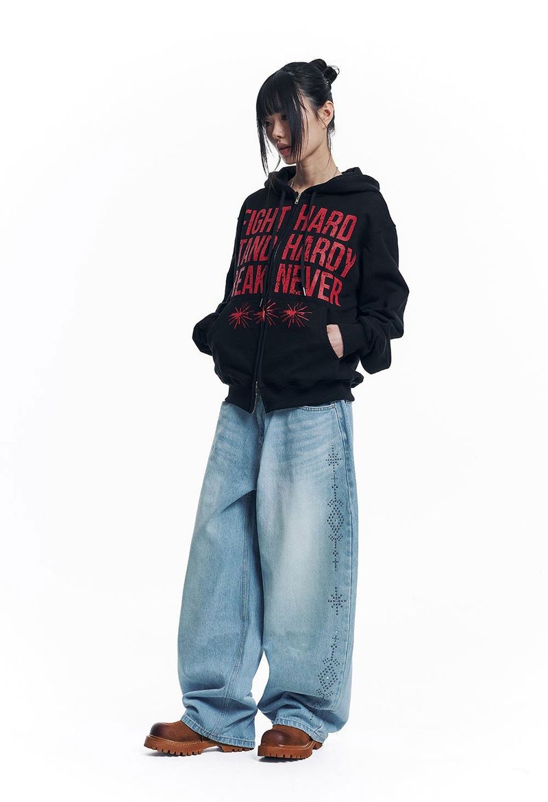 Curved Western Stud Denim Pants - Light Blue