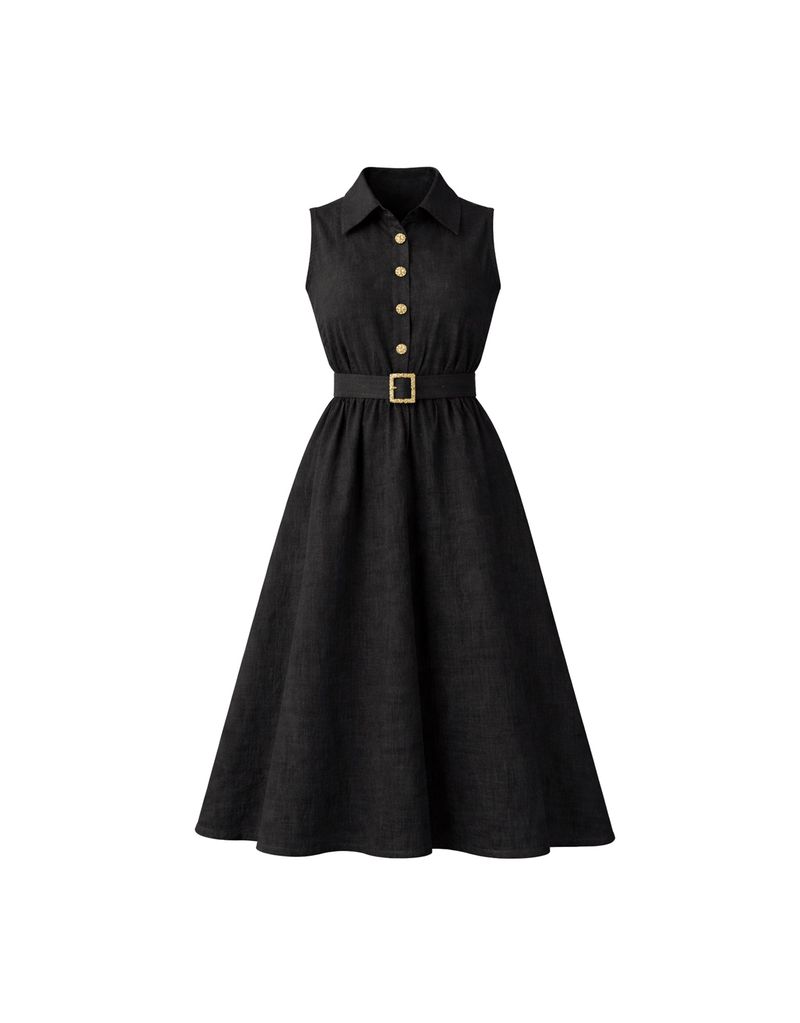 TWEEDY-A（ツウィーディア）の「Haren Linen Collar Button Belt Flare Dress Black Long VER（Dresses）」