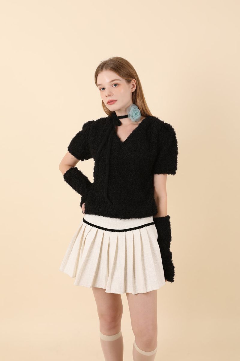 Feminine Puff Knit Warmer Set Black