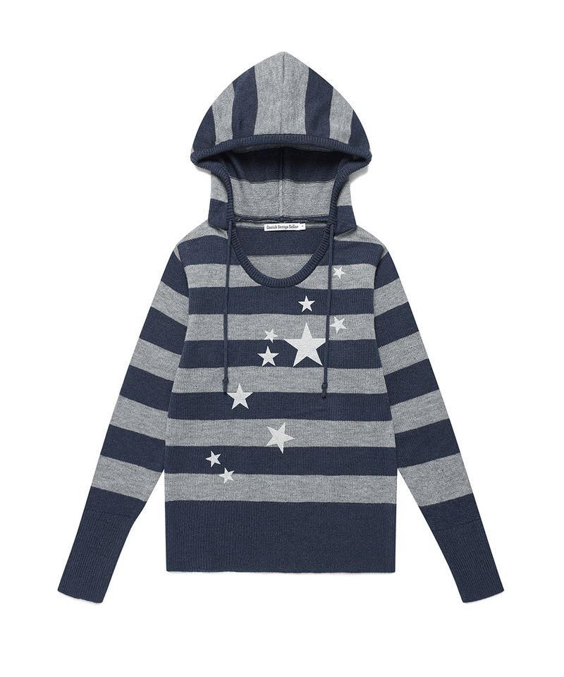 W U NECK STRIPED STAR KNIT HOODIE NAVY(CV2FFFK601A)