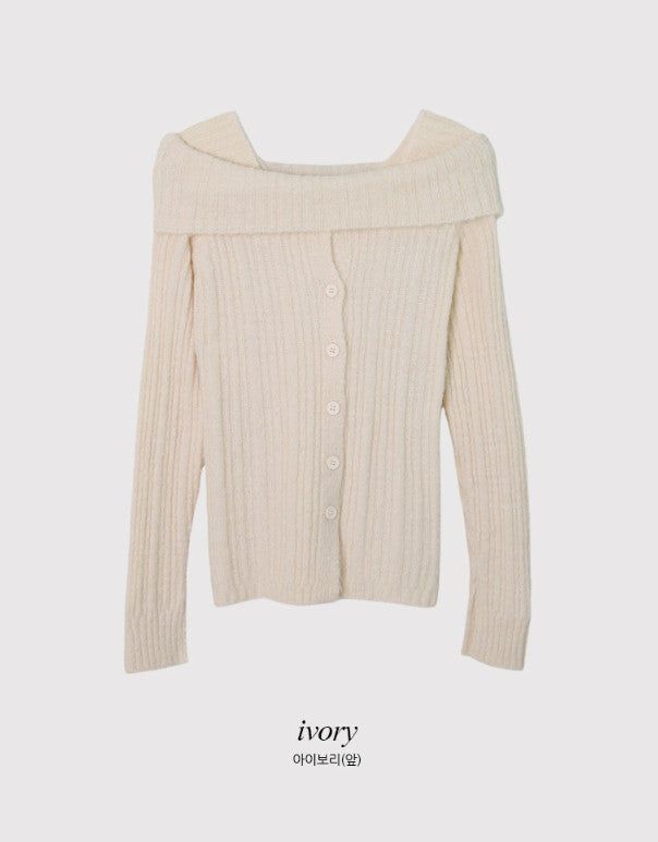 #Romantic Rib Off Shoulder Button Knit (3color)