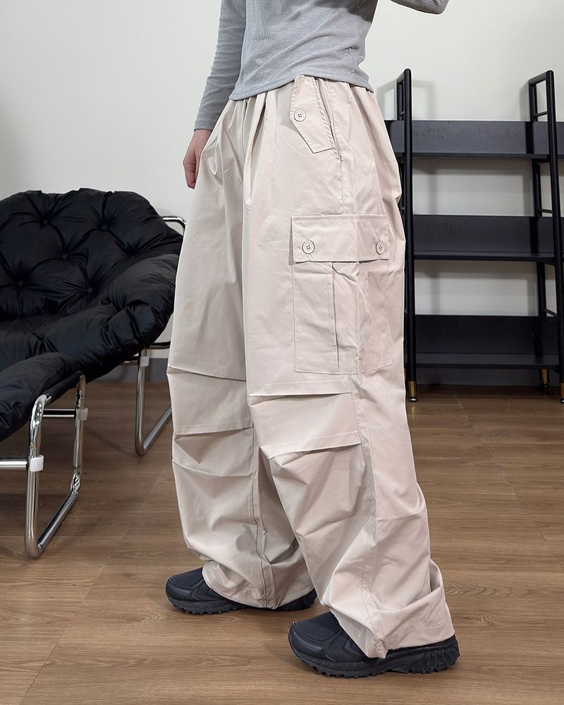 Cropped Button Pocket Wide Pants